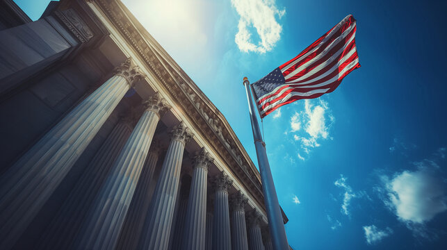 American flag displayed at a courthouse on Independence Day, American flag, courthouse, Independence Day, patriotic, symbolic, heritage, USA