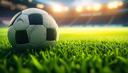 A foreground close-up of a soccer ball on a stadium lawn, against a diffuse background, with empty space on the right for text.