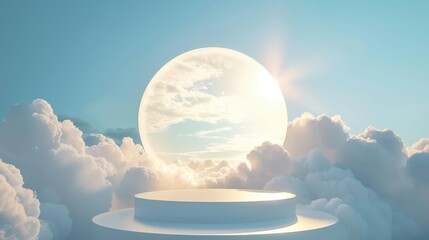 Neon podium product on cloud and sky background, geometric shape for product display presentation, podium, stage pedestal or platform, Promotion display, 3D.