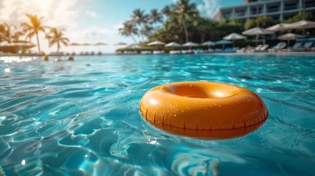 Orange Inflatable Pool Float In A Resort Pool On A Sunny Day