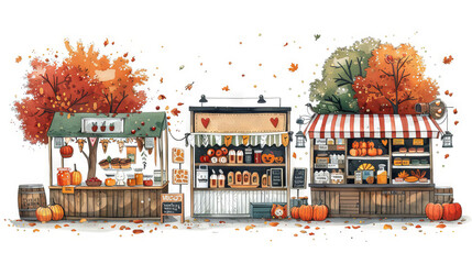The image shows a watercolor painting of a farmer's market in the fall