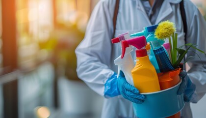 Janitor with cleaning supplies, prepared for cleaning duties with blurred background