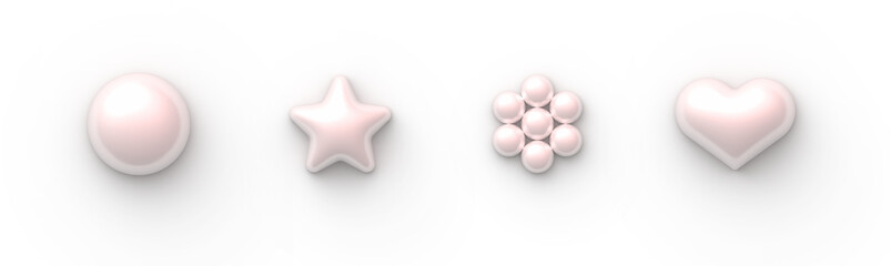 Set of pink pearls of different shapes. Circle, flower, heart and star. Elements for design and decor.