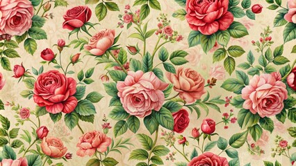 Delicate vintage-inspired pink wallpaper features lush red roses amidst lush green foliage, evoking a romantic whimsical atmosphere, reminiscent of a picturesque english garden.