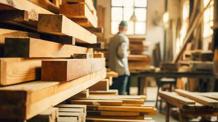 Obraz premium Craftsperson meticulously verifying the quality of neatly stacked planed wooden beams in a tidy workshop.