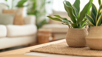 Two green plants in woven baskets on a wooden table in a living room.
