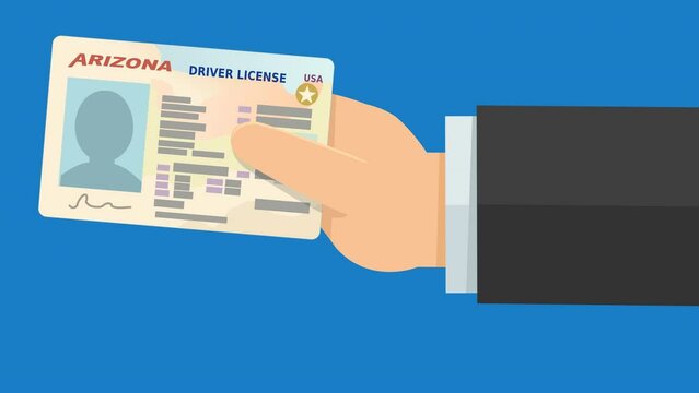 A hand presents a driver's license from the US state of Arizona from the right on blue background (flat design)