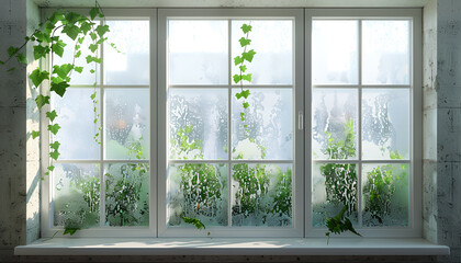 Interior of an old cottage, showing heavy water condensation on the interior windows with plant leaves