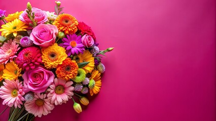 Vibrant pink background with a bouquet of colorful flowers placed artfully, leaving ample copy space for texting or design elements.