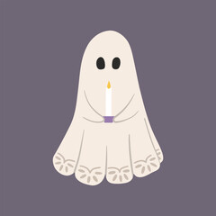 Cute ghost vector illustration. Adorable Halloween character holding candle. Hand drawn funny vintage ghost for cozy seasonal trick or treat designs, cards, prints in flat cartoon style