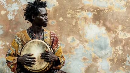 Obraz premium A unique portrait of a person with a bongo drum head, the body adorned in elegant attire. The minimalist background keeps the focus on the captivating combination of human and musical elements. This