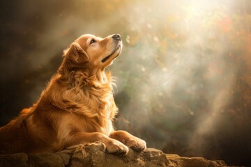 Golden retriever s spiritual journey  ascending to dog paradise in heavenly light