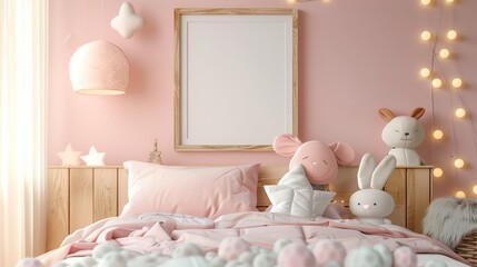 An empty square wooden frame above baby bed, kids room pastel colors.