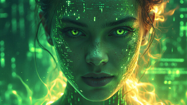 Green Neon Cybernetic Reality: A Normal Woman with Glowing Green Eyes, Bearing Binary Code on Her Skin. A Human Femme Fatale in Artificial Intelligence Environment, Exuding the Mystic Charm of Digital