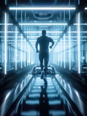 Man running on futuristic treadmill in neon-lit room, showcasing modern fitness technology and dynamic workout environment.