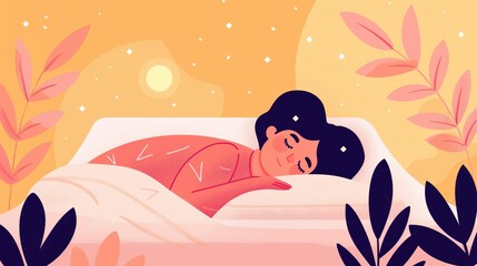 Illustration of a person peacefully sleeping in bed under a starry night sky, surrounded by leaves in warm colors.