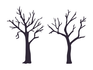 Set of vector spooky trees. Hand drawn bare dead creepy tree dark silhouettes isolated on white background for Halloween designs. Old haunted forest illustration