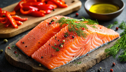 In the foreground, two salmon fillets, on a rustic wooden table, with fresh herbs.
