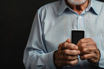 App demo near shoulder of a senior man holding an smartwatch with a completely black screen