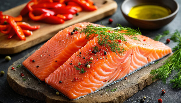 In the foreground, two salmon fillets, on a rustic wooden table, with fresh herbs.