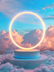 Colorful neon podium product on cloud and sky background, geometric shape for product display presentation, podium, stage pedestal or platform, Promotion display, 3D.