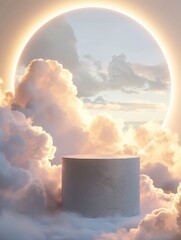 Neon podium product on cloud and sky background, geometric shape for product display presentation, podium, stage pedestal or platform, Promotion display, 3D.