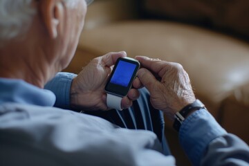 App screen over a shoulder of a senior man holding an smartwatch with a fully blue screen