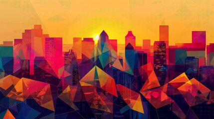 Abstract city skyline depicted with vivid geometric shapes under a sunset.