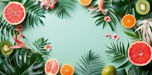 Fresh Citrus Fruit Assortment with Monstera Leaves on Green Background