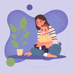 Happy mother and son sitting on floor fflat vector illustration. Woman with little boy playing and spending time together. Family, childhood concept