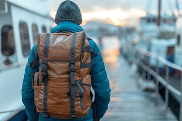Obraz premium A traveler with a brown leather backpack walking along a harbor at sunset, reflecting a journey's start, international insurance, travel and tourism, trips and tours, summer holidays and vacations