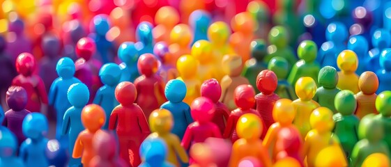 Many blue, red and yellow plastic human figures are standing together in close proximity.