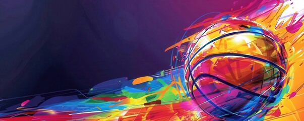 Abstract colorful basketball game, dynamic action, vibrant hues, intense energy, modern art style