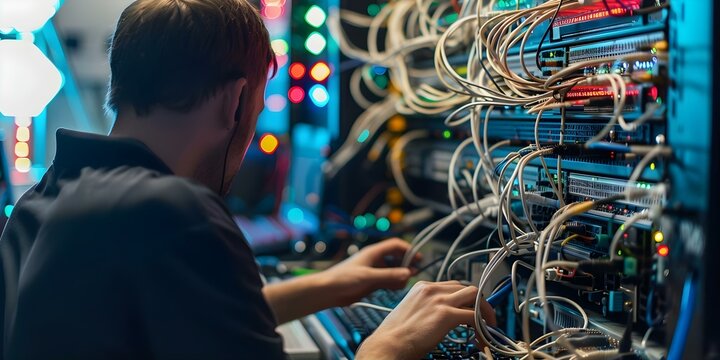 NOC technicians monitor network traffic troubleshoot issues and maintain network performance. Concept Network Monitoring, Troubleshooting, Performance Maintenance, NOC Technicians, Network Traffic