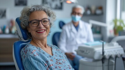 Obraz premium Smiling senior woman sitting on the dental chair at dentist clinic.