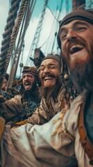 Fototapeta premium The Jolly Rogues: A Bunch of Smiling, Scary Pirates on Their Ship, Ready for Adventure and Plunder with a Fearsome Crew.