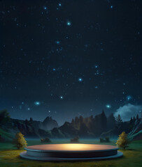 Spring night empty podium image with magical fantasy atmosphere with mountains, trees, stars.