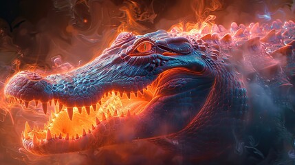 Crocodile with Fiery Back Emerging from Water