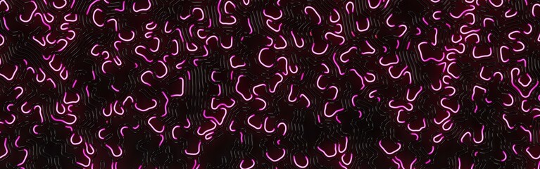Labyrinth-like warp pattern, luminous neon pink roundels, connections, warped chaotic neon lines , futuristic organic technological 3d background