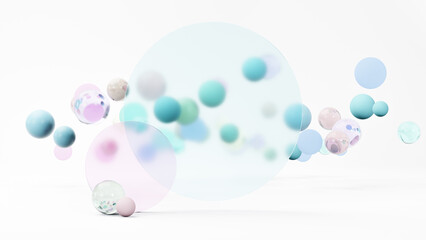 Modern minimalistic panoramic background with glass disk, glassmorphism frame, on the background of many colorful pastel shades of balls, glass spheres, hanging in the air