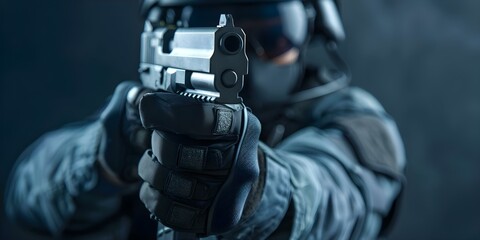 Police officer in uniform holding firearm ideal for law enforcement concepts. Concept Law Enforcement, Police Officer, Uniform, Firearm, Concept Photo