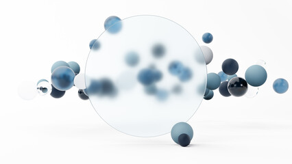 Modern minimalistic panoramic background with glass disk, glassmorphism frame, on the background of many ocean blue shades of balls, glass spheres, hanging in the air