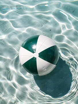 Top View of a dark green and white Beach Ball floating on Pool Water. Colorful Summer Wallpaper
