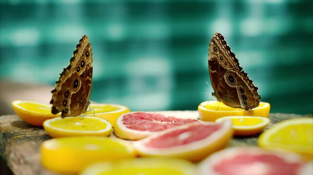 The Menelaus blue morpho butterfly fluttering its wings while eating nectar from oranges