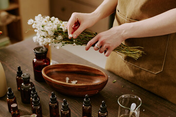 Medium close up of female assistants hands gathering daisies and putting them in wooden bowl surrounded by small brown glass bottles with essential oils