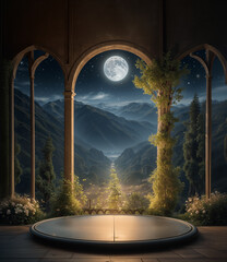 Spring night empty podium image with magical fantasy atmosphere with trees, arch architecture, mountains, trees, flowers, moon.