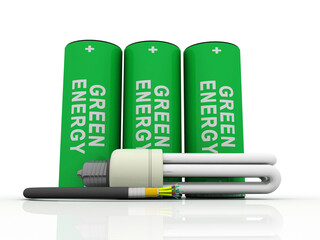 3d rendering Fiber optical cable detail connected CFL bulb near green energy battery