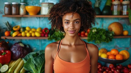 Fit woman in workout attire blending a nutritious fruit and vegetable juice, with a variety of fresh ingredients laid out on the kitchen counter
