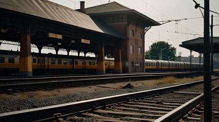 Obraz premium a railway station rising from the ground, cinematic, shot on anamorphic lens.