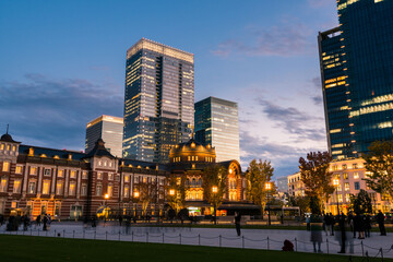 Beautiful evening in downtown Tokyo train station business district